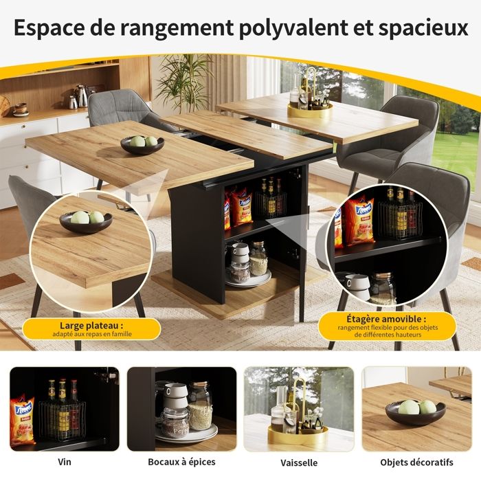 Table à Manger Extensible Avec Rangement - 110/130 X 70 X 75 Cm - En Panneau Et Métal - Pour Cuisine, Salle à Manger Ou Salon - 8