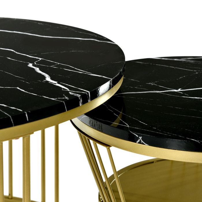 Merax Lot De 2 Tables Basses Gigognes Rondes – Marbre Brillant Or & Blanc, Rangement Intérieur, Métal Robuste