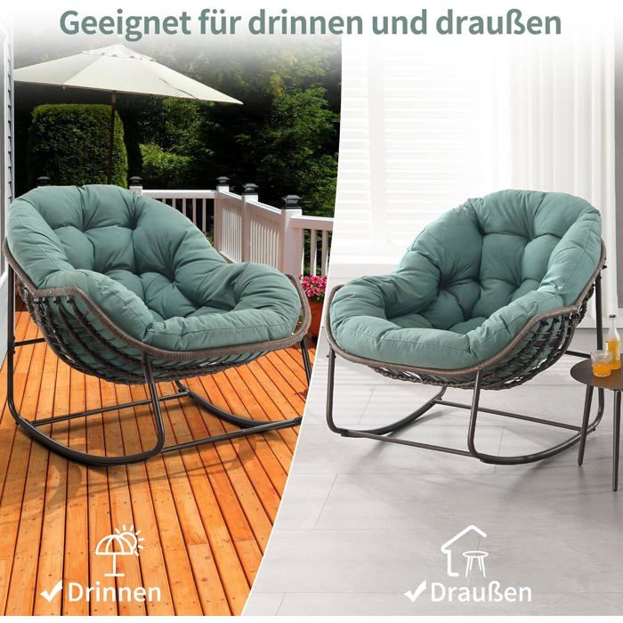 HavenGlide Fauteuil à bascule pour l'intérieur et l'extérieur, avec coussin, taille XXL, avec tabouret, fauteuil de relaxation, charge maximale : 150 kg, pour jardin, balcon, salon (noir
