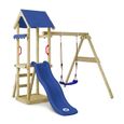 WICKEY Aire de jeux Portique bois TinyWave avec balançoire et toboggan bleu Maison enfant extérieure avec bac à sable-0