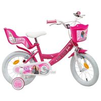 Vélo enfant Fille 14'' BARBIE ( taille 90 cm à 105 cm ) Rose & Blanc,  équipé de 2 freins, porte poupée, panier avant