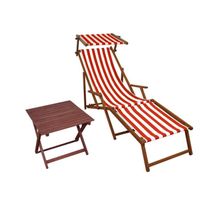 Chaise longue pliante rayé rouge et blanc - ERST-HOLZ - 10-314FST - Accoudoirs - Repose-pieds - Pare-soleil