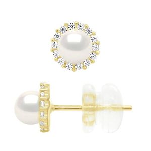 Boucle d'oreille Boucles D'Oreilles Puces - véritables Perles De Culture d'Eau Douce Rondes 4 mm entourage en Oxydes de Zirconium - Or Jaune