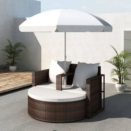 Chaise longue bain de soleil Lit de jardin avec parasol Marron Résine tressée