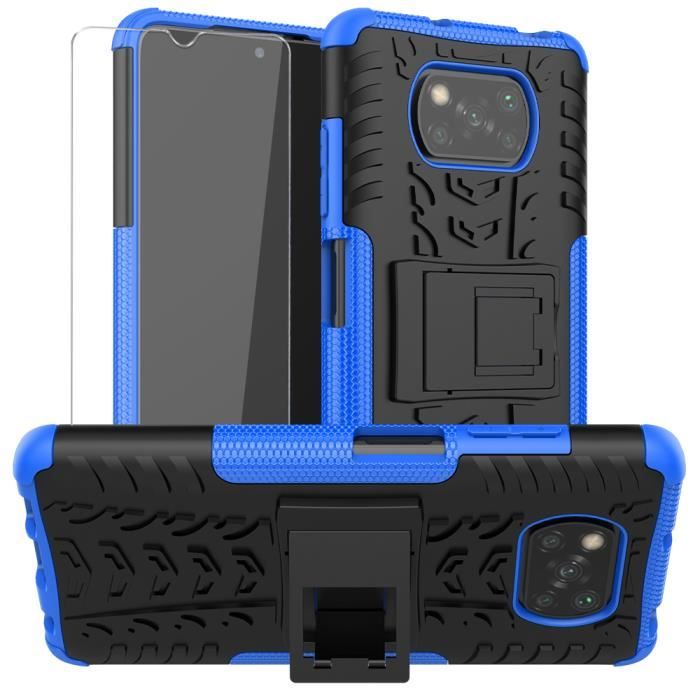 Coque Xiaomi Poco X3 NFC / Poco X3 / Poco X3 Pro + Verre Trempé, TPU Robuste en Silicone Étui PC Hybrid Double Layer Housse - Blue.