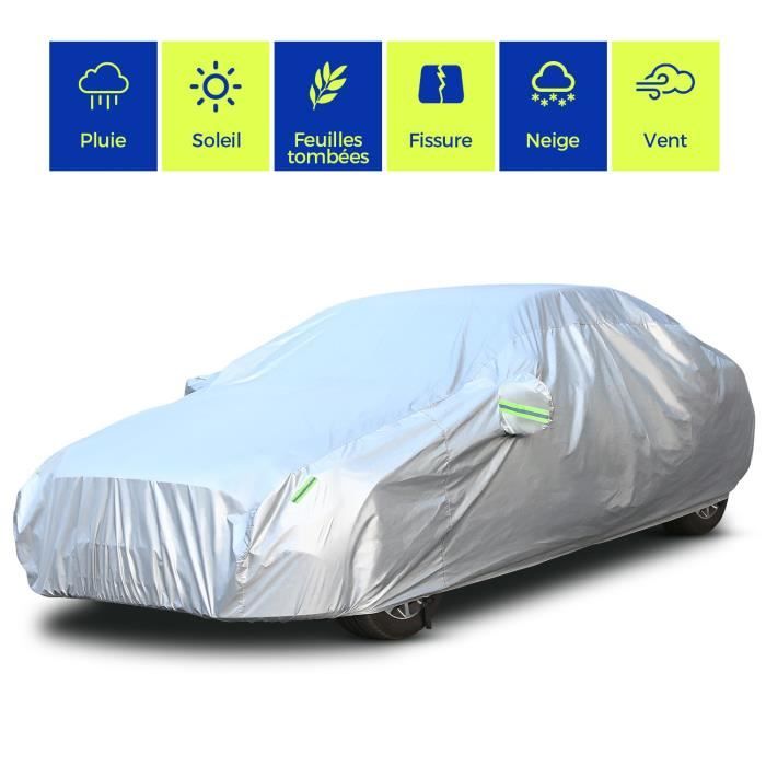 Housse Protection Auto 480x180x150cm Bache Voiture Extérieur Etanche/Anti-UV/Poussière/Anti-rayures 6 Bandes fluorescentes-Blanc