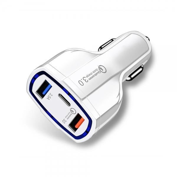 Chargeur QC3.0 7A Dual USB + Chargeur de voiture de type c/chargeur de téléphone portable, blanc chargeur