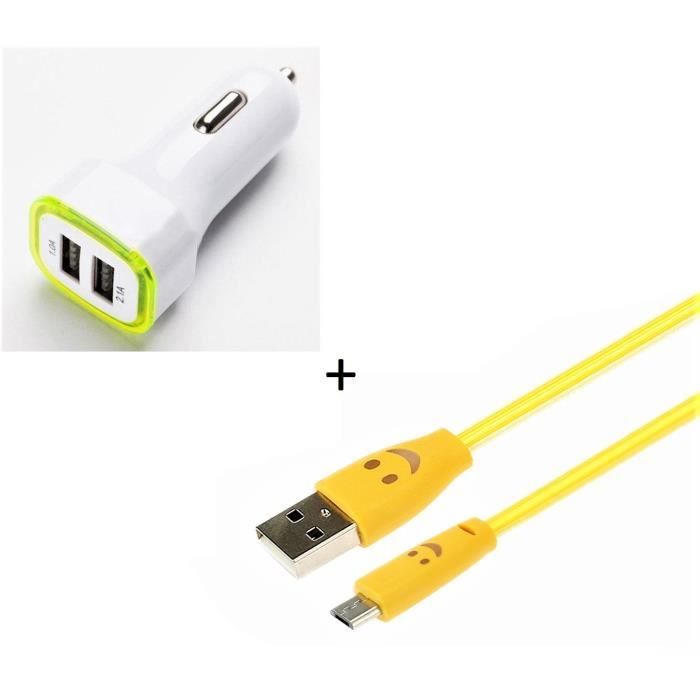 Pack Chargeur Voiture pour -XIAOMI Redmi 9A- Smartphone Micro USB (Cable Smiley + Double Adaptateur LED Allume Cigare) (JAUNE)