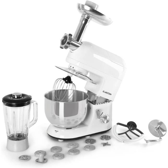 Klarstein Lucia Bianca - Robot de cuisine universel, Mélangeur, Pétrin, 1200 W, 5 L, agitation planétaire, Hachoir à viande, Accesso