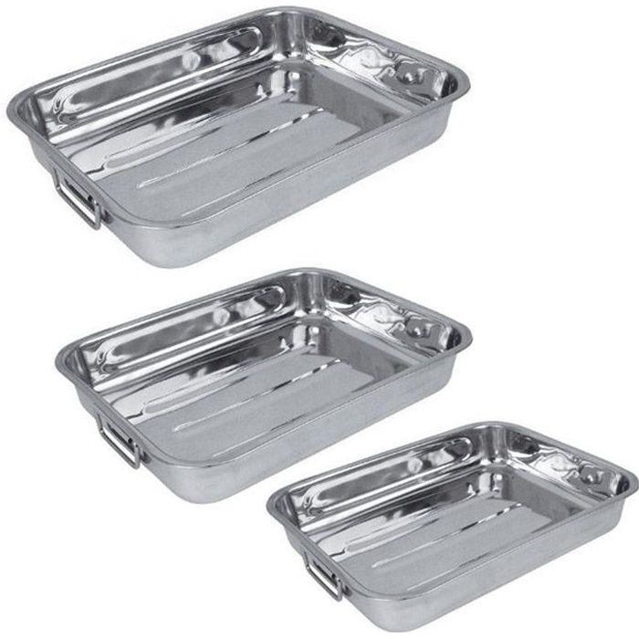 3 Plats à Four Rectangulaires en Inox - Avec Poignées