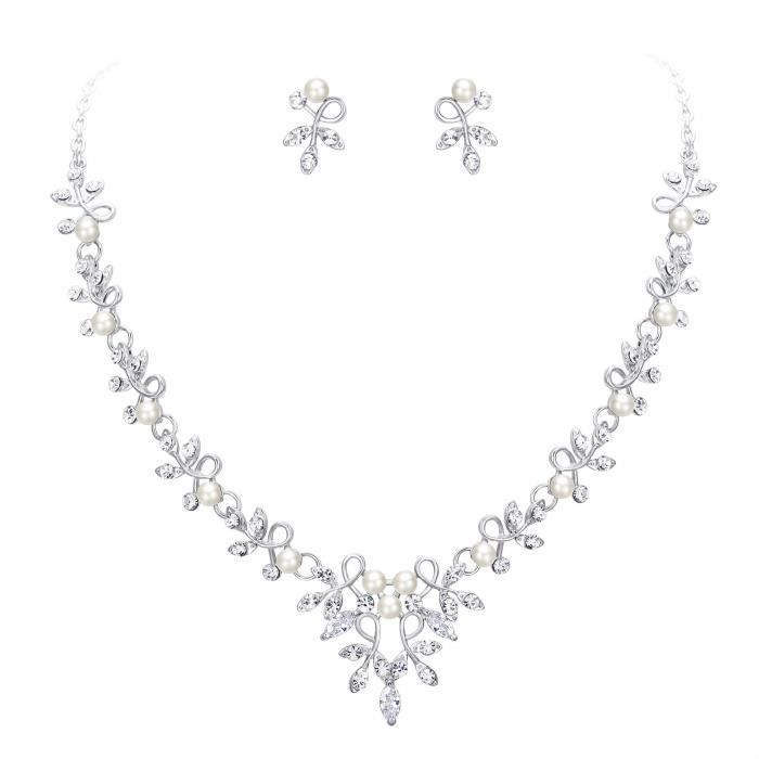 Clearine Femme Mariage Bijou Parure Set CZ Cristal Perle Artificielle Feuille de Vigne Brindille Collier Boucles d'oreilles Ton d