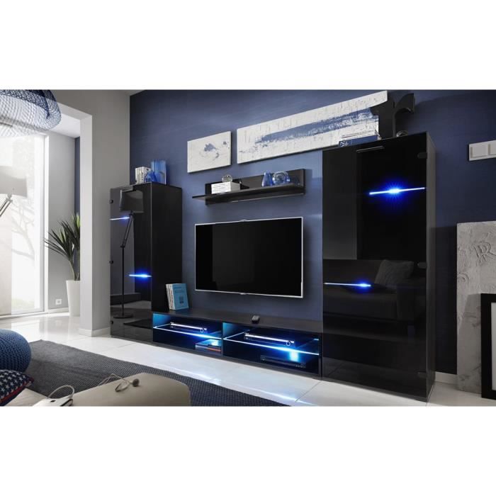STRING - Unité murale style contemporain 4 pcs - Éclairage LED inclus - Mur TV - Ensembles meubles salon séjour - Gloss + Mat - Noir