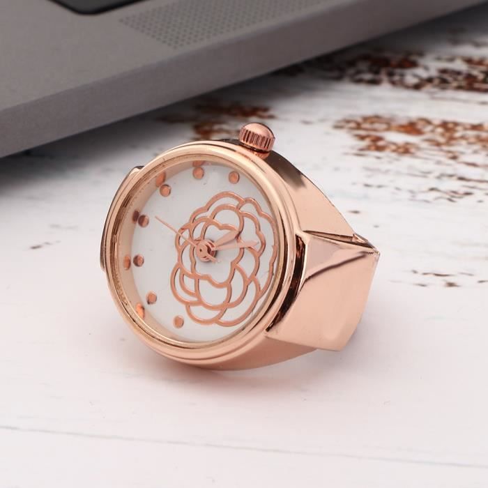 HURRISE Montre de bague Montre à anneau de doigt Cadran rond Motif de fleur rose Montre à quartz pour femme (or rose)
