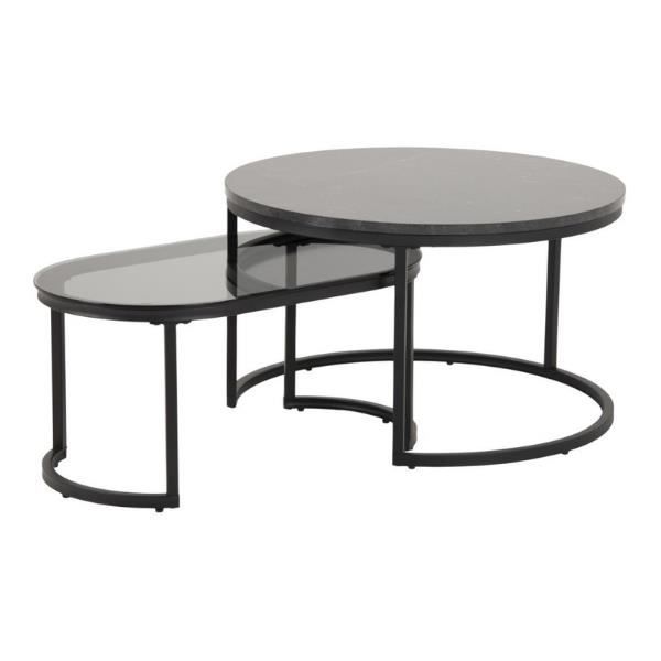 Ensemble de 2 tables basses Spiro en verre teinté gris et une structure en métal thermolaqué noir mat.