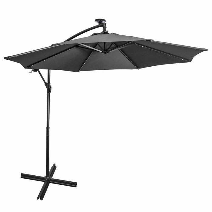 Parasol Déporté avec Manivelle 3M avec éclairage Solaire LED, Étanche Protection UV 50+, Gris - Mondeer