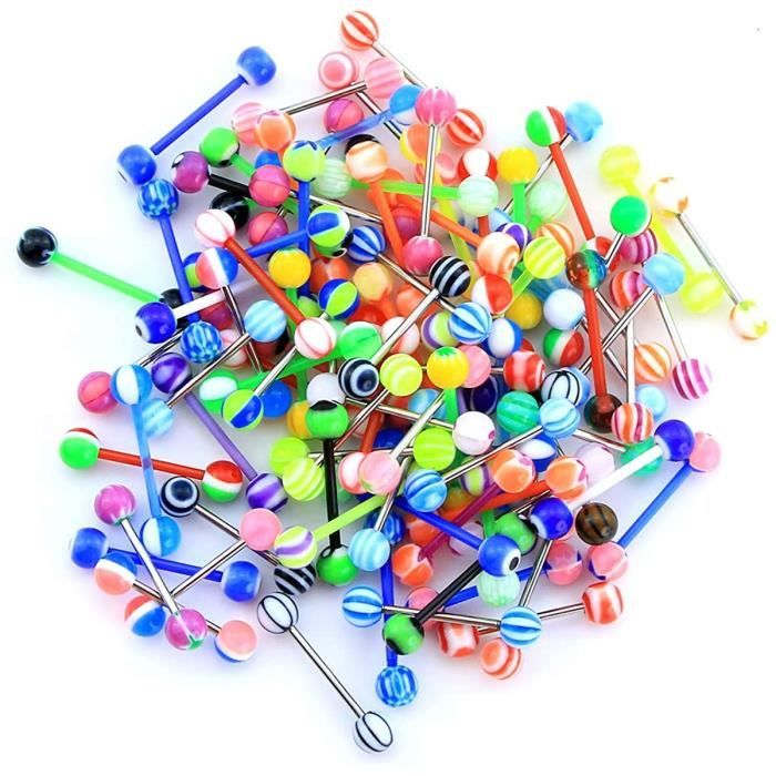 OUFER Lot 50 Piercing Langue 14G Acier Chirurgical 316L avec Boule Arylique Piercing Barbell Barre Langue Couleurs Aaléatoires