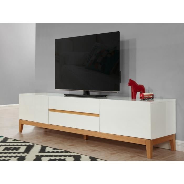 Meuble TV SEDNA - 2 portes & 2 tiroirs - Chêne massif & MDF laqué blanc