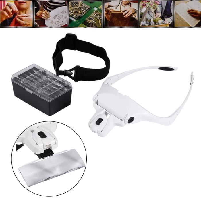 LED Loupe Casque Grossissante Frontale Ajustable avec 5 Lentilles Amovible 1.0X, 1.5X, 2.0X, 2.5X, 3.5X Travaux Réparatio -HAN7