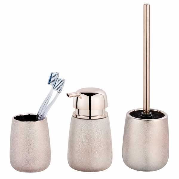 Set accessoires salle de bain, gobelet brosse à dent, distributeur savon liquide, Brosse WC, Céramique, Glimma, rose effet