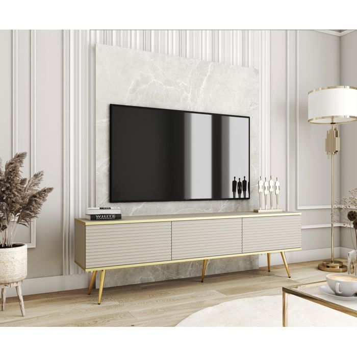 Meuble TV Avec Lamelles Beige pieds Or 175 x 30 x 52 cm Push to Open