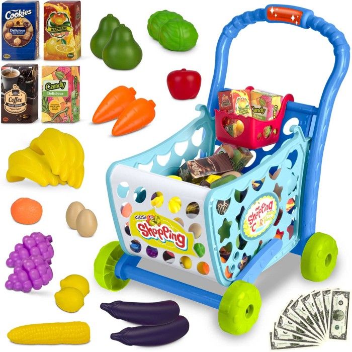 Chariot de courses pour enfants - JANSHOP - Bleu - 39x31x49 cm - 3 en 1 - Lampe LED - Accessoires inclus