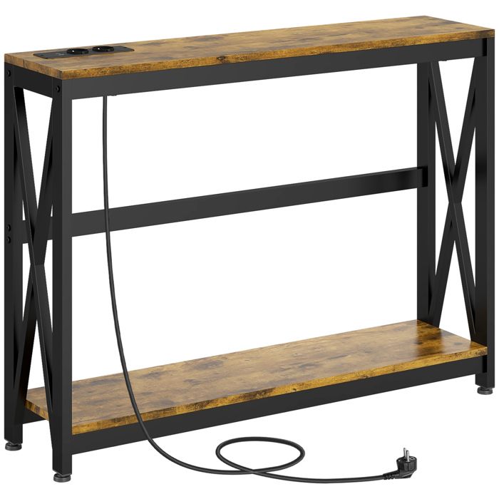 Console meuble - HOMCOM - 2 niveaux - style industriel - prises de courant et USB - 100 x 24 x 75 cm - marron Console meuble - HOMCOM - 2 niveaux - style industriel - prises de courant et USB - 100 x 24 x 75 cm - marron