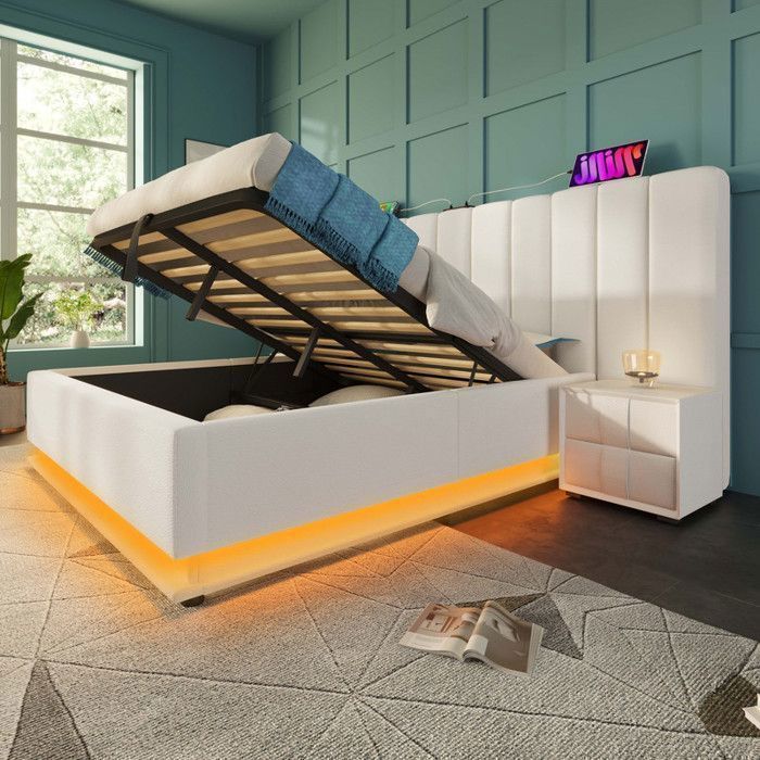 Lit Coffre 160x200cm Avec LED Et USB - Rangement Hydraulique, Tissu Lin Gris, 24 Lattes