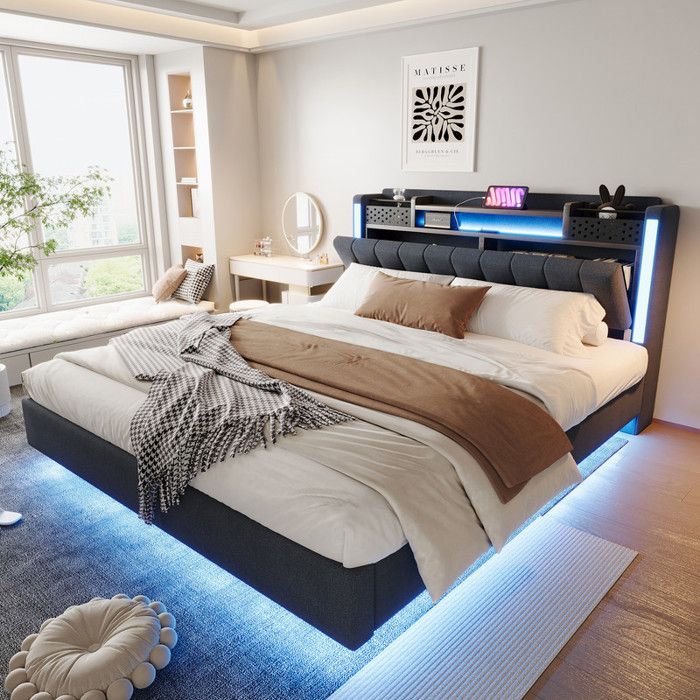 Lit double 160 x 200 cm avec éclairage LED et prise USB Lit rembourré Lit adulte Tête de lit avec espace de rangement Lin Gris