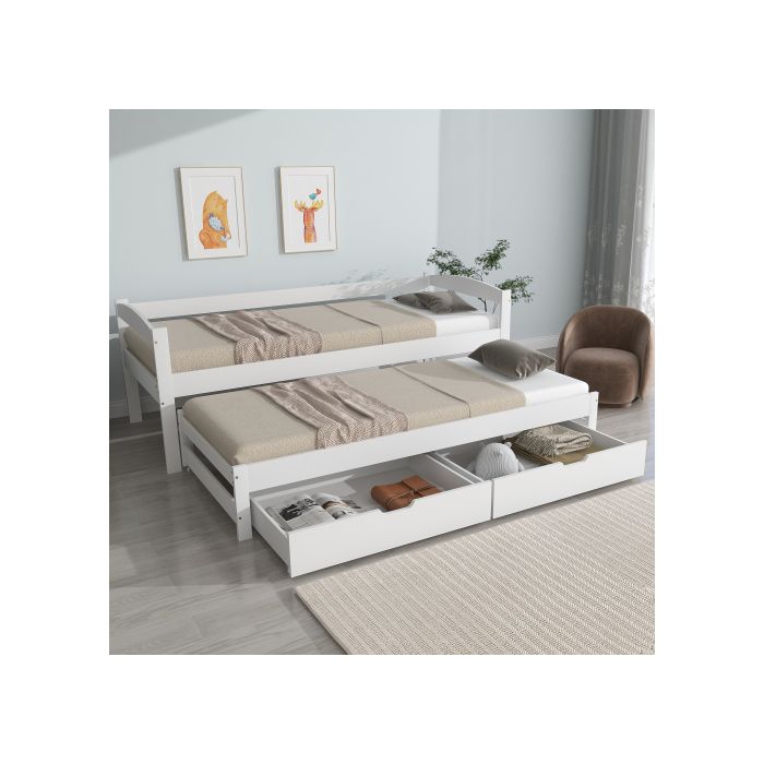 ®Rising FF Lit simple et double lit coulissant avec roulettes en bas cadre en bois massif blanc (200x90 cm / 190x90 cm)