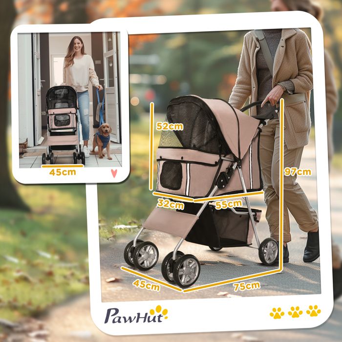 Poussette pour chien marron café Pet Stroller Jogger Remorque légère pliable & pratique