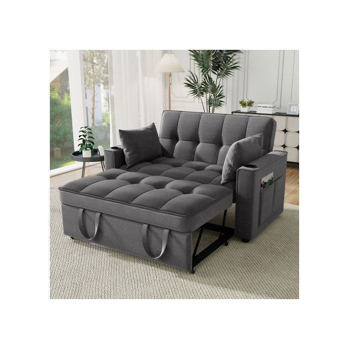 Banquette-lit - SOGEU - 163x137x83 cm - Velours gris - Dossier réglable 3 positions - Porte-gobelets 2 coussins
