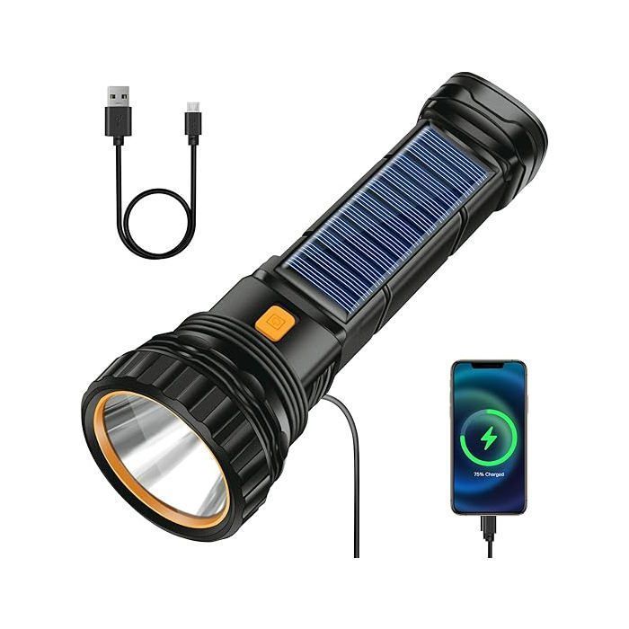 Torche Lampe De Poche LED Solaire 1200 Mah Rechargeable Avec Chargeur USB Flashlight IPX4 Étanche 3 Modes Lumière ODIPIE