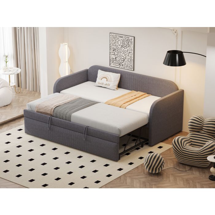 Canapé lit 90x190 cm EVRYAE - extensible en 180x190 cm rayures verticales sommier à lattes sans matelas - Gris