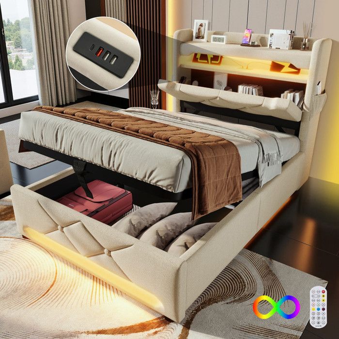 Lit rembourré 90x200cm avec LED lit coffre avec ports USB et Type-C lit hydraulique espace de rangement Sommier à lattes，beige lin