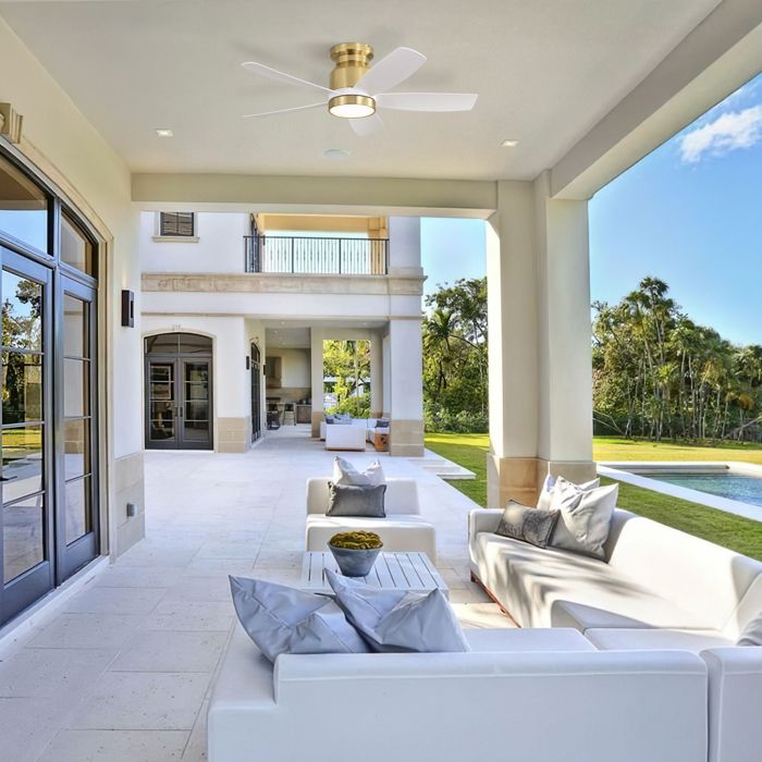 Ventilateur de plafond 42 pouces avec lumière LED dimmable télécommande moteur DC réversible ABS Or et blanc - Modenuit