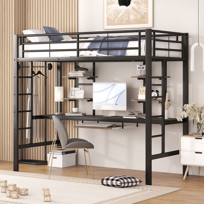 Lit enfant 90×200cm lit mezzanine en métal équipé dun bureau et de 2 étagères convient aux enfants adolescents et adultes noir