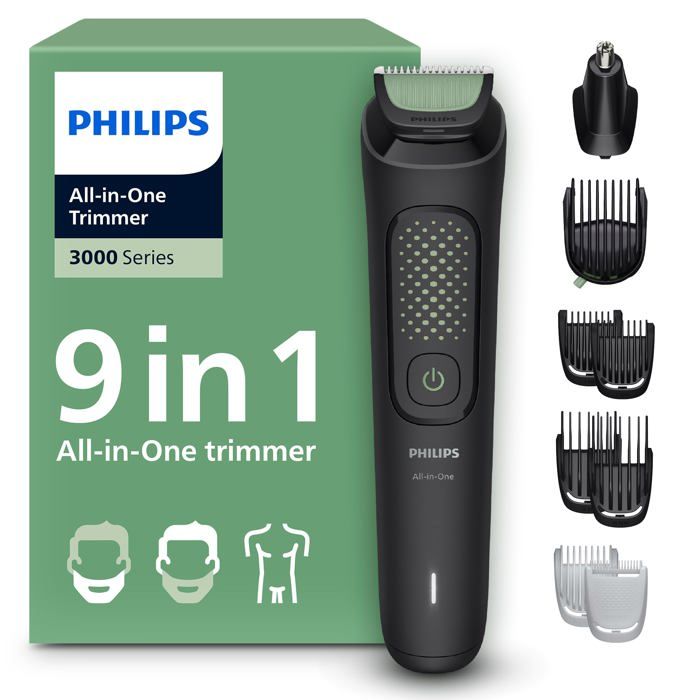 Philips Tondeuse tout en un Multigroom série 3000 9 accessoires Tondeuse pour barbe cheveux et corps Lames auto affûtées respectueuses de la peau 12 hauteurs de coupe Modèle MG394615