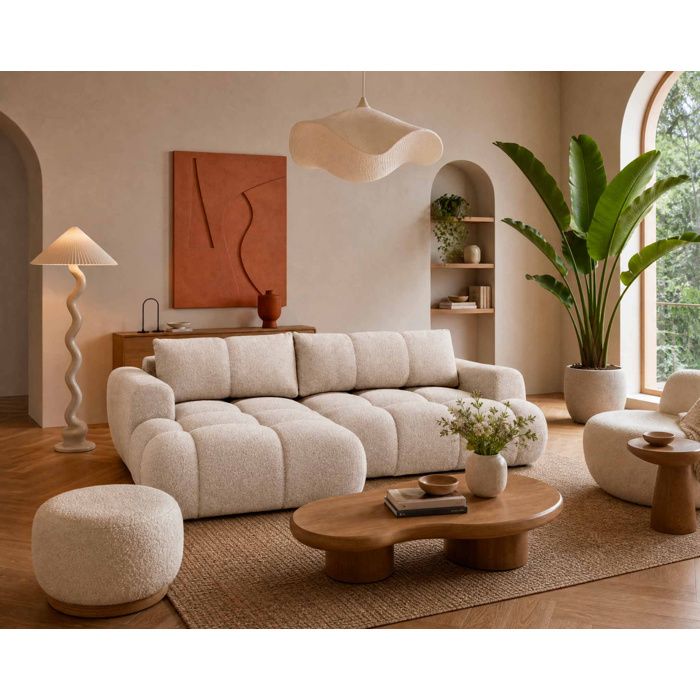 Yulin - Canapé dangle gauche 4 places convertible avec coffre en tissu bouclette - Beige