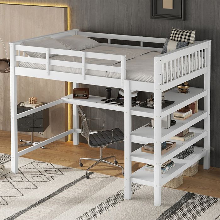 Lit mezzanine- lit enfant 140x200 cm avec rangements et bureau sous le lit- sans matelas- blanc Lit mezzanine- lit enfant 140x200 cm avec rangements et bureau sous le lit- sans matelas- blanc