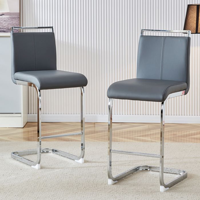 BELLEMAVE Lot de 2 Tabourets de bar - Chaise de cuisine - Cuir PU - Pieds en métal - Pour plusieurs occasions - Gris et Argent