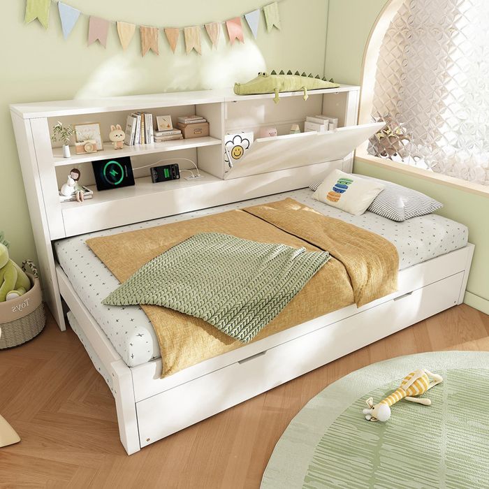 Canapé‑lit gigogne - 90x200/90x190 - Blanc - Rangement arrière rabattable - Station de recharge USB/USB‑C
