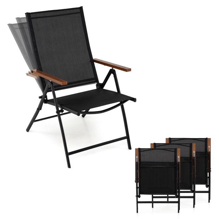 Lot de 4 Chaises Pliantes de Jardin COSTWAY Dossier Ajustable à 5 Positions Accoudoirs Cadre en Métal Extérieur Intérieur Noir
