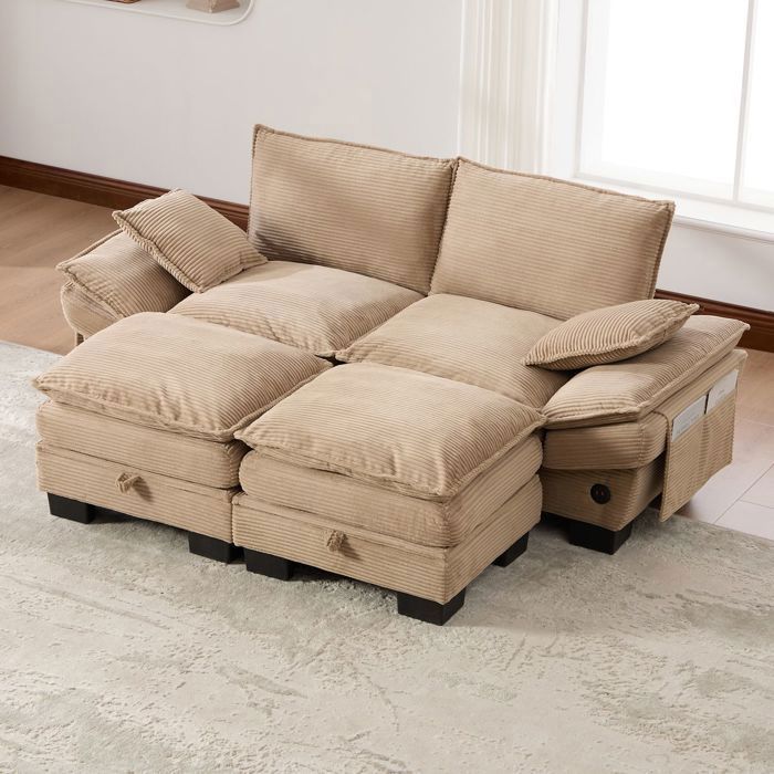 Canapé dangle - SOGEU - Modulable 190x132x84 cm - Velours côtelé beige - 2 poufs avec coffre - Port USB-C