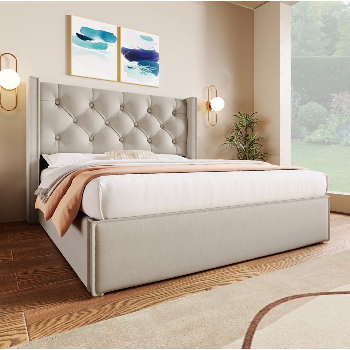 Lit coffre capitonné 140 × 200 cm en coton gris clair avec sommier relevable