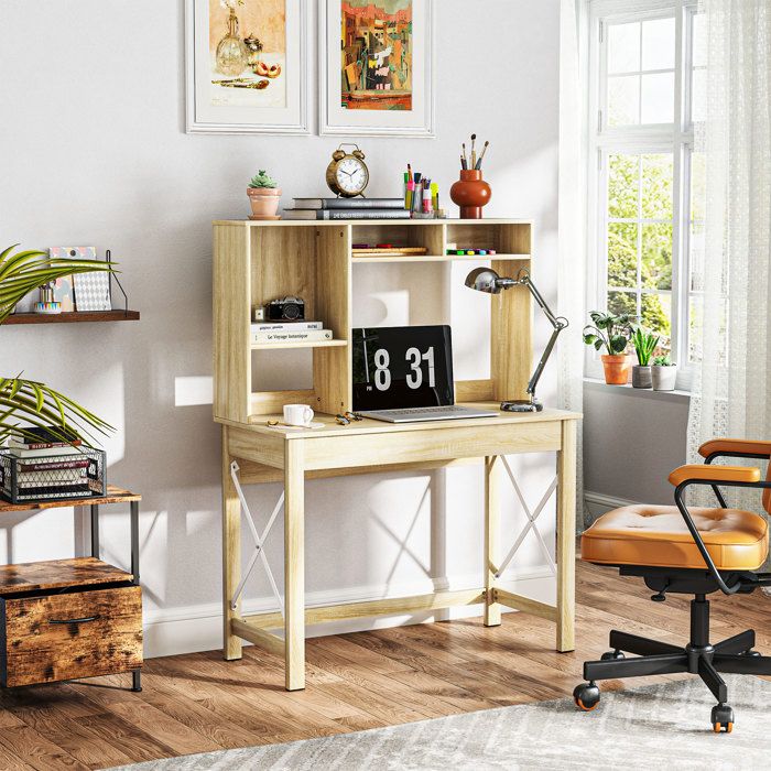 MOTHINESSTO2952-Bureau avec rangement bureau bibliothèque en bois avec étagères et grand plateau pour petits espaces aspect chêne