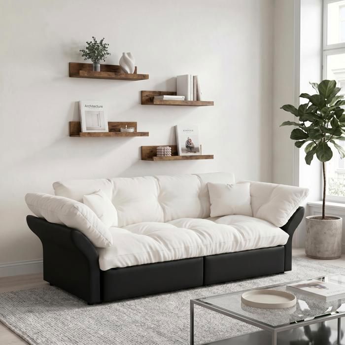 Canapé 3 places - FURNITURER - 3 places convertible - Tissu beige et noir - Couchage 150x200 - 4 étagères murales