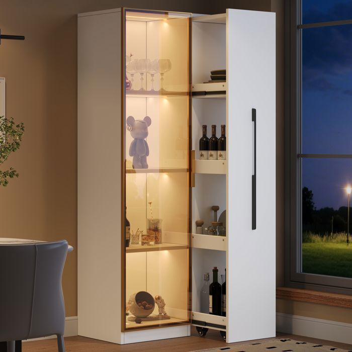 Vitrine de 70×40×160cm avec portes en verre tiroirs latéraux et éclairage LED intégré. Un élégant polyvalent exposition-und-Aufbew