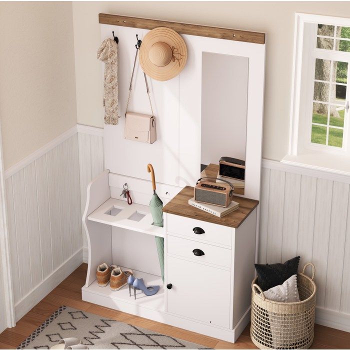 Vestiaire d’entrée blanc et bois avec miroir tiroirs porte et porte-parapluie