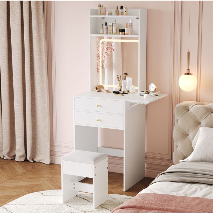 Coiffeuse miroir LED avec 2 tiroirs 2 niches tabouret et plateau rabattable - BEAUNIV - pour chambre 75×45×156 cm