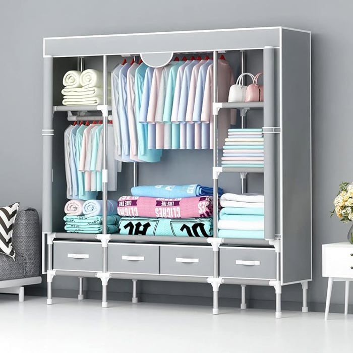 Armoire en Tissu avec tiroirs - 150 x 45 x 170 cm - Gris Clair Armoire assemblée dans la Chambre Gris Clair 150*45* PENDERIE SOUPLE